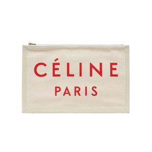 Celine "Made In" Canvas Clutch with Red Font.